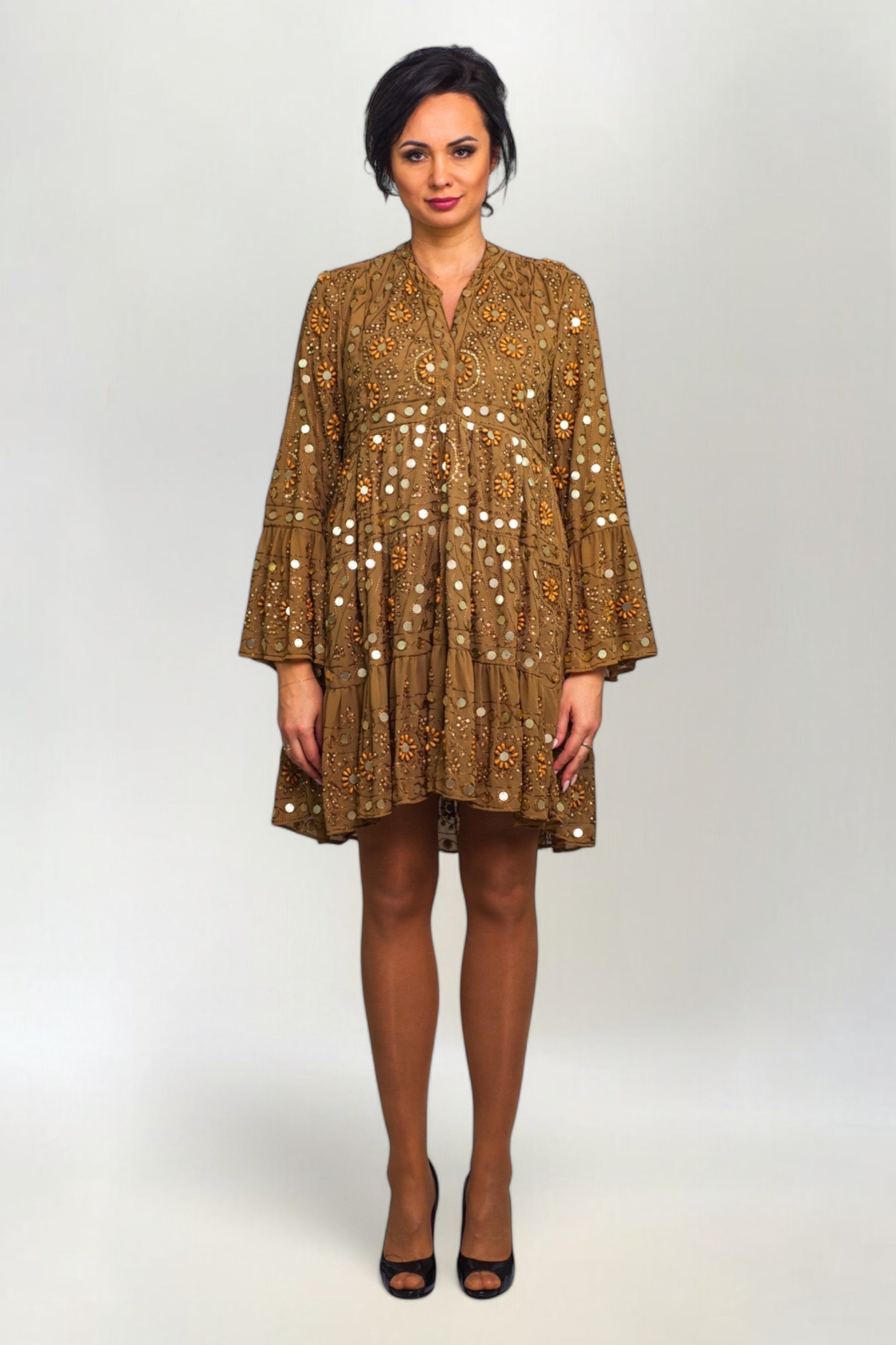Sukienka Hand Made z Koralikami i Cekinami Annu Short Brązowa
