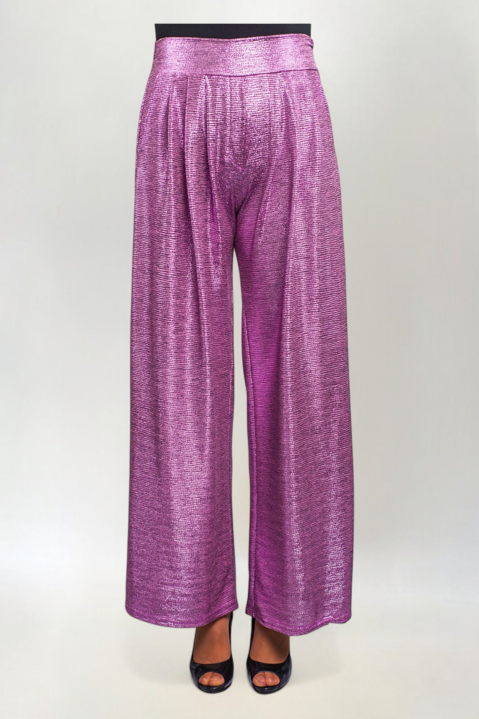 Spodnie Metalizowane Proste w Stylu Disco Różowe