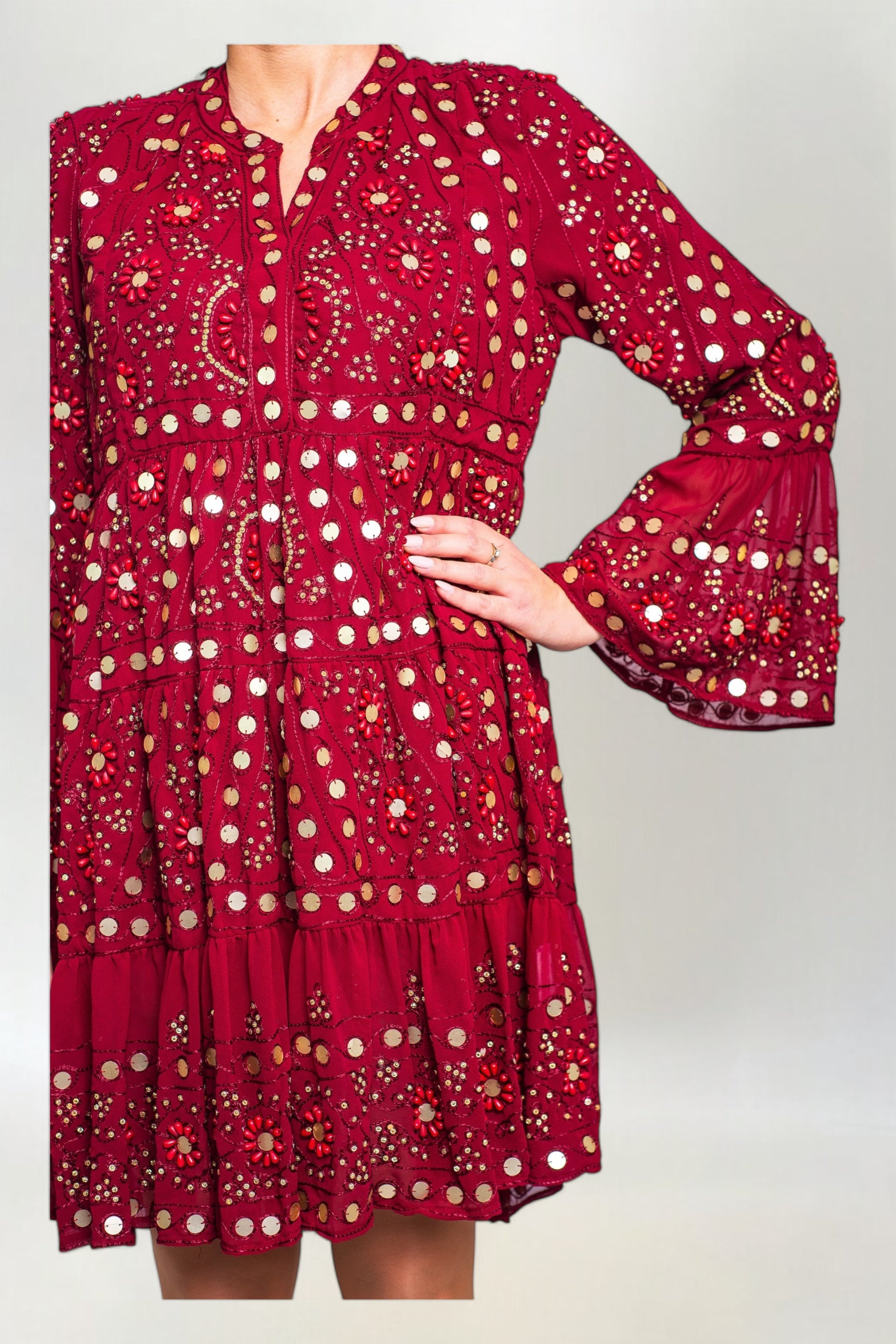 Sukienka Hand Made z Koralikami i Cekinami Annu Short Bordowa