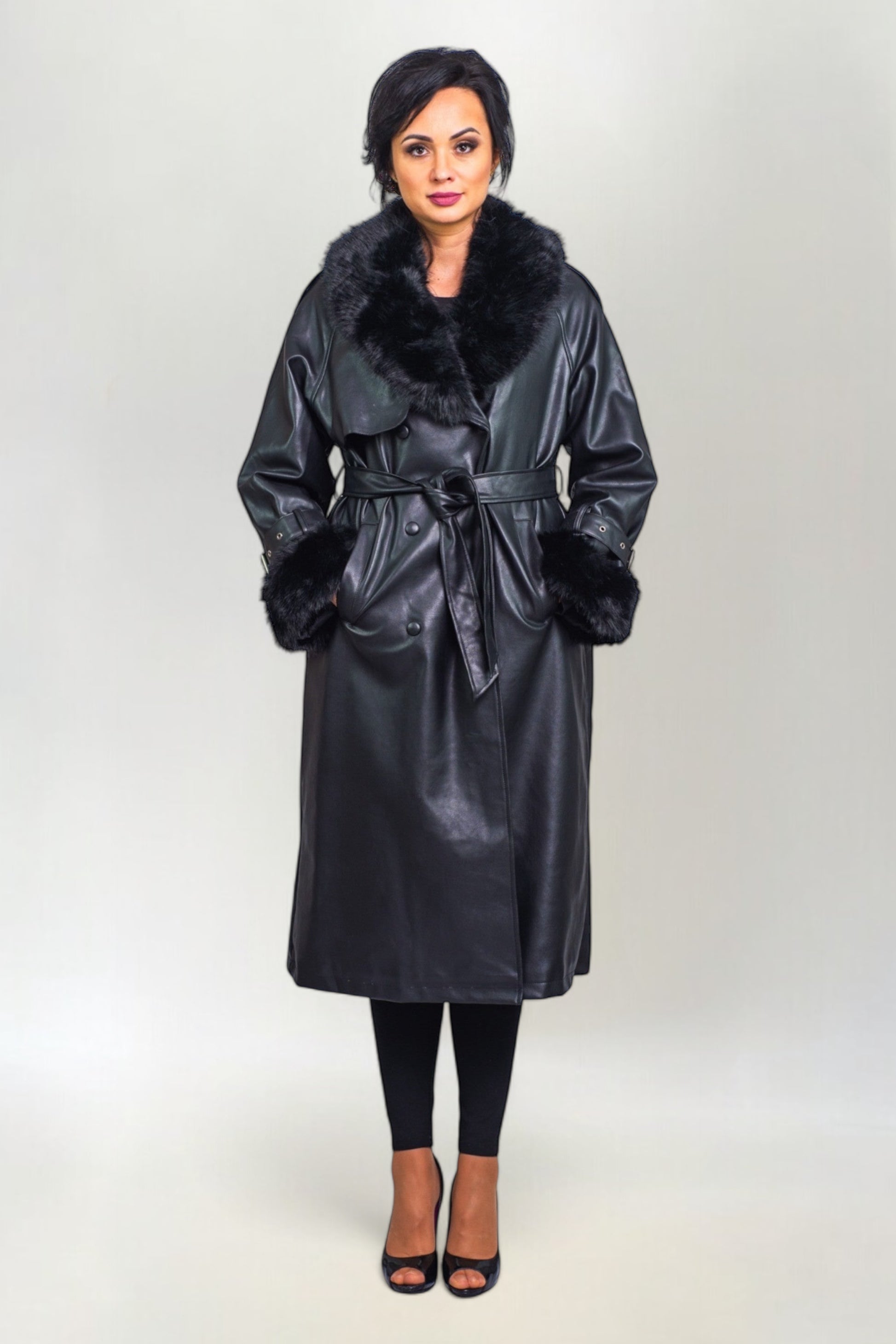 Płaszcz Skórzany z Futrem Czarny