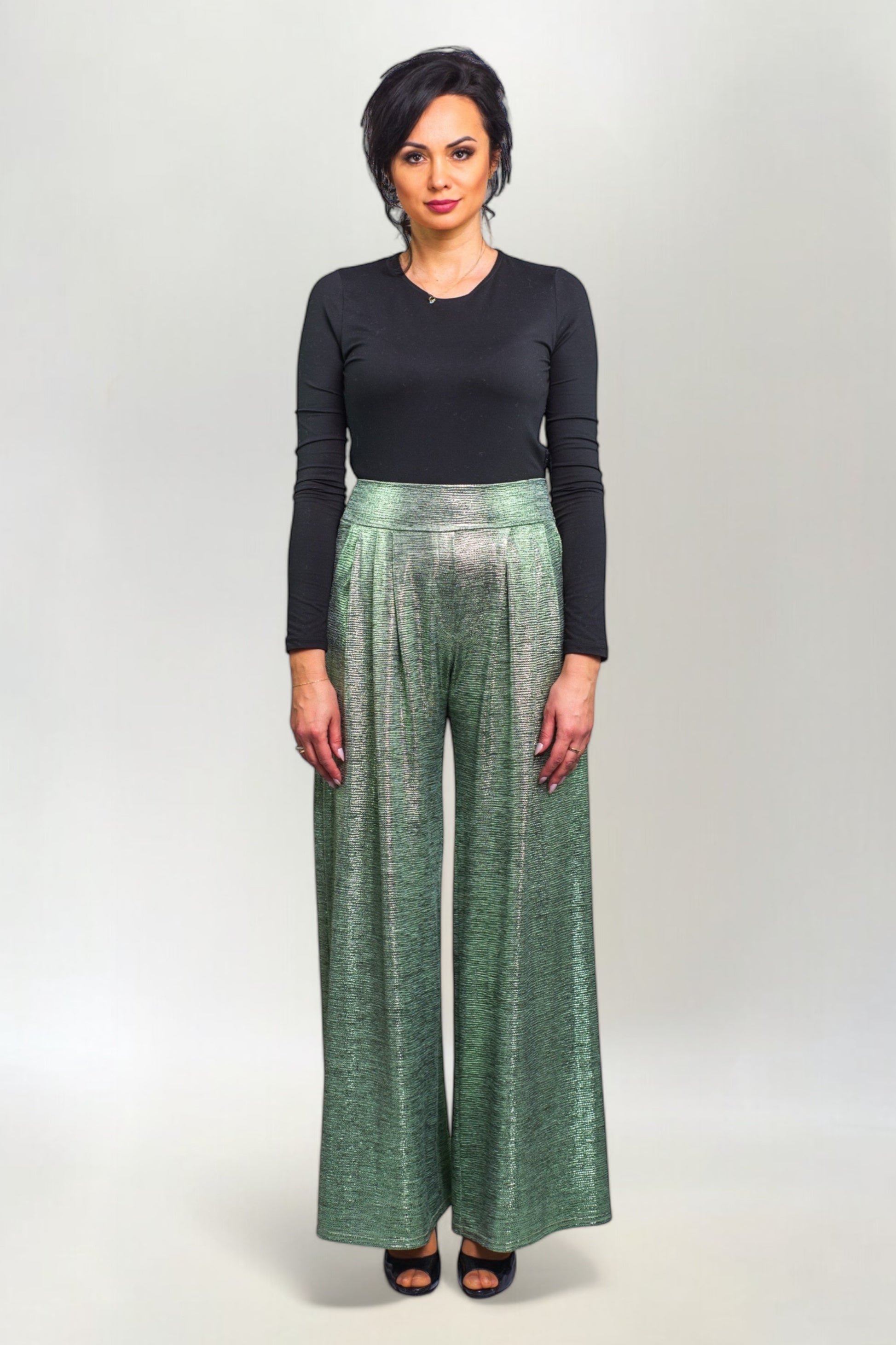 Spodnie Metalizowane Proste w Stylu Disco Zielone