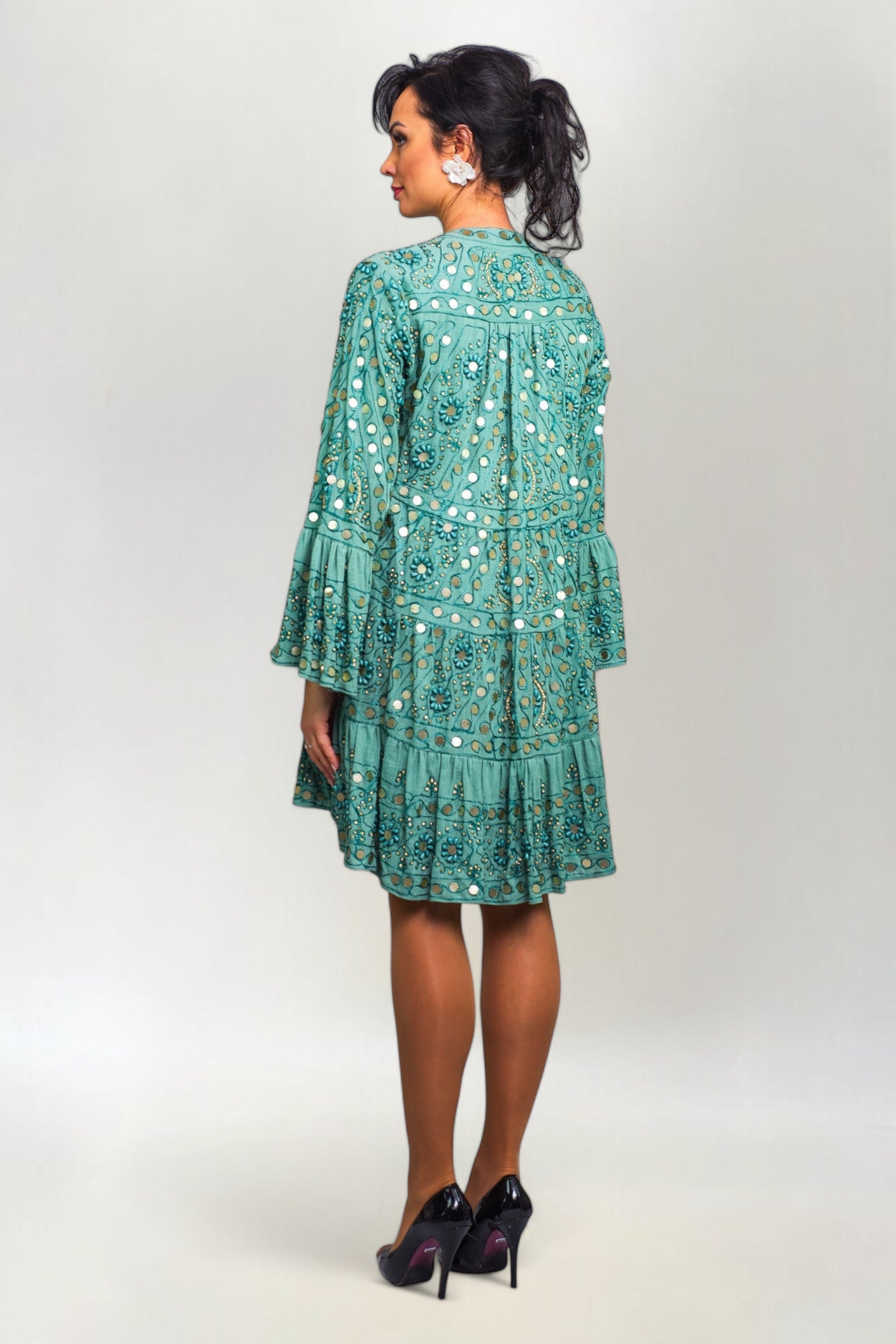 Sukienka Hand Made z Koralikami i Cekinami Nuria Short Turkusowa