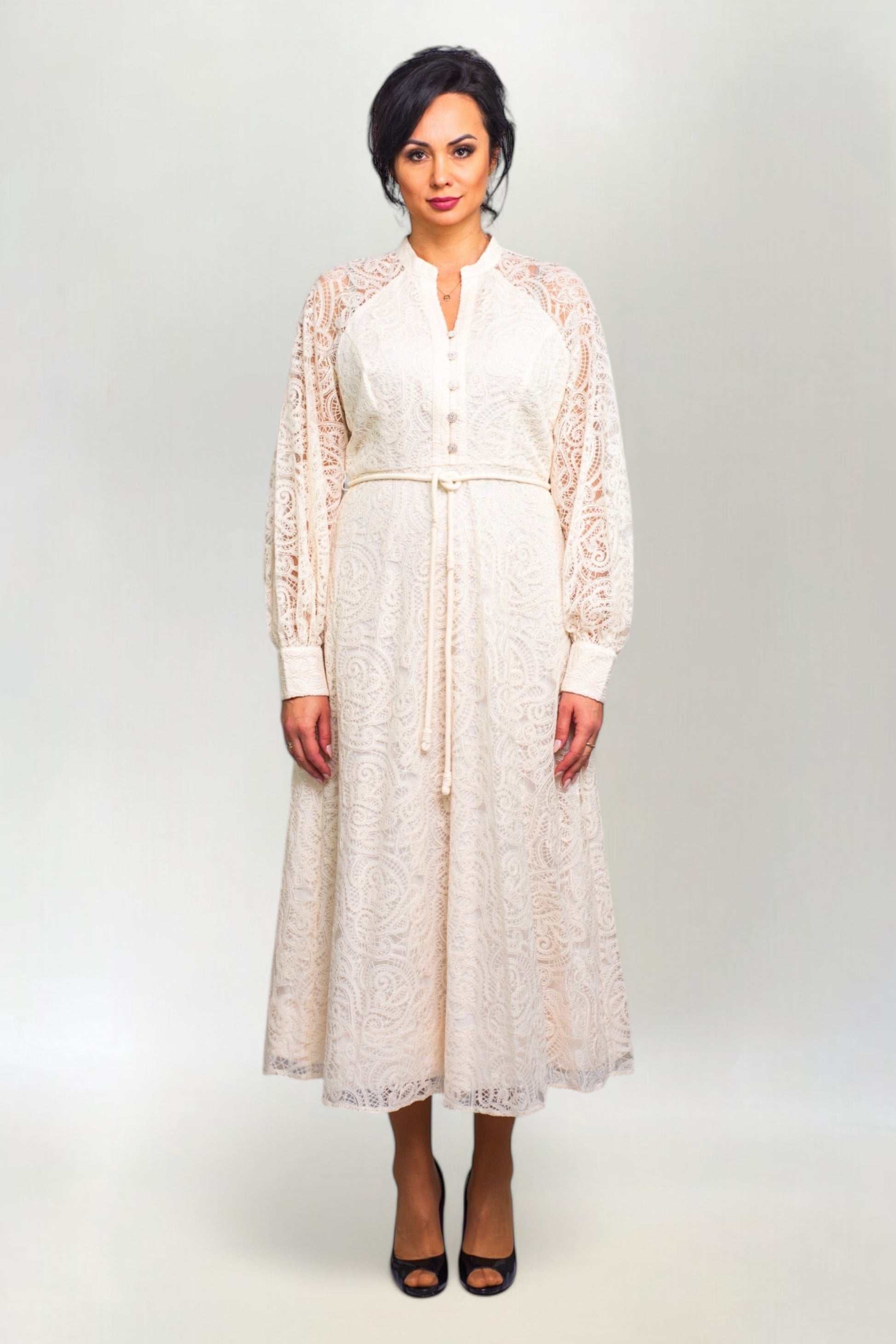 Sukienka Koronkowa z Guzikami z Cyrkonii Ecru