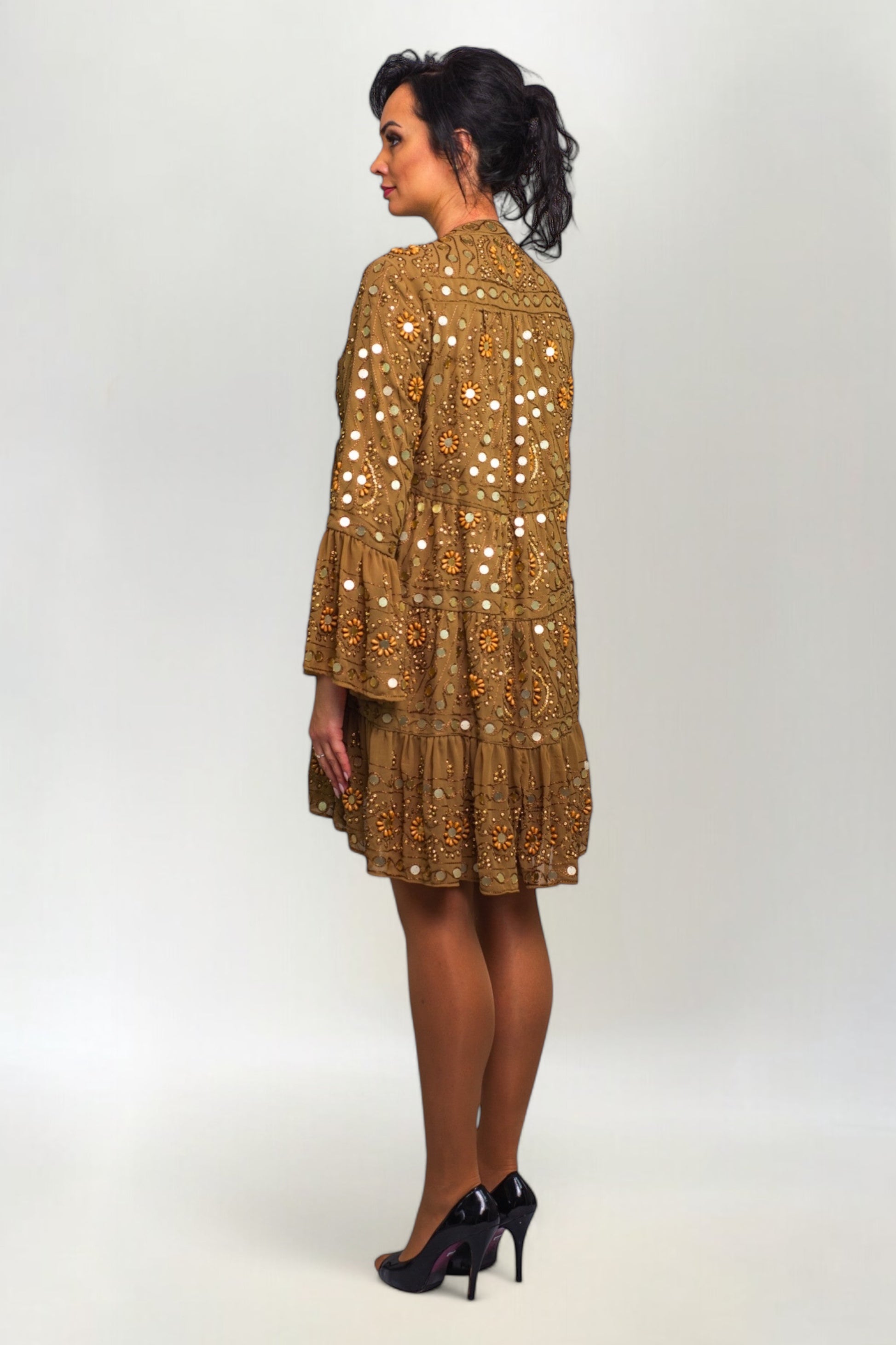 Sukienka Hand Made z Koralikami i Cekinami Annu Short Brązowa