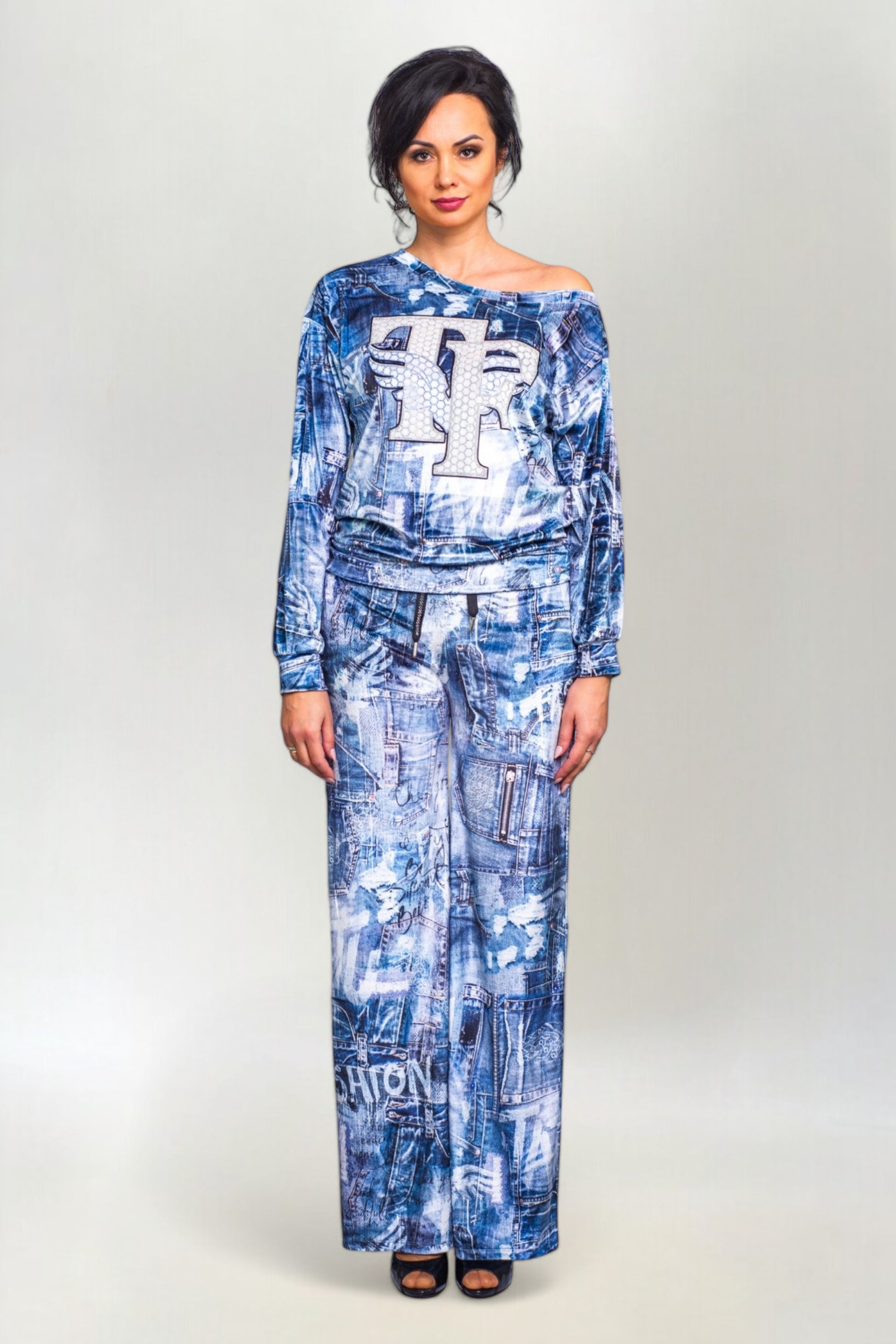 Komplet Dresowy z motywem Jeansowym z Cyrkoniami