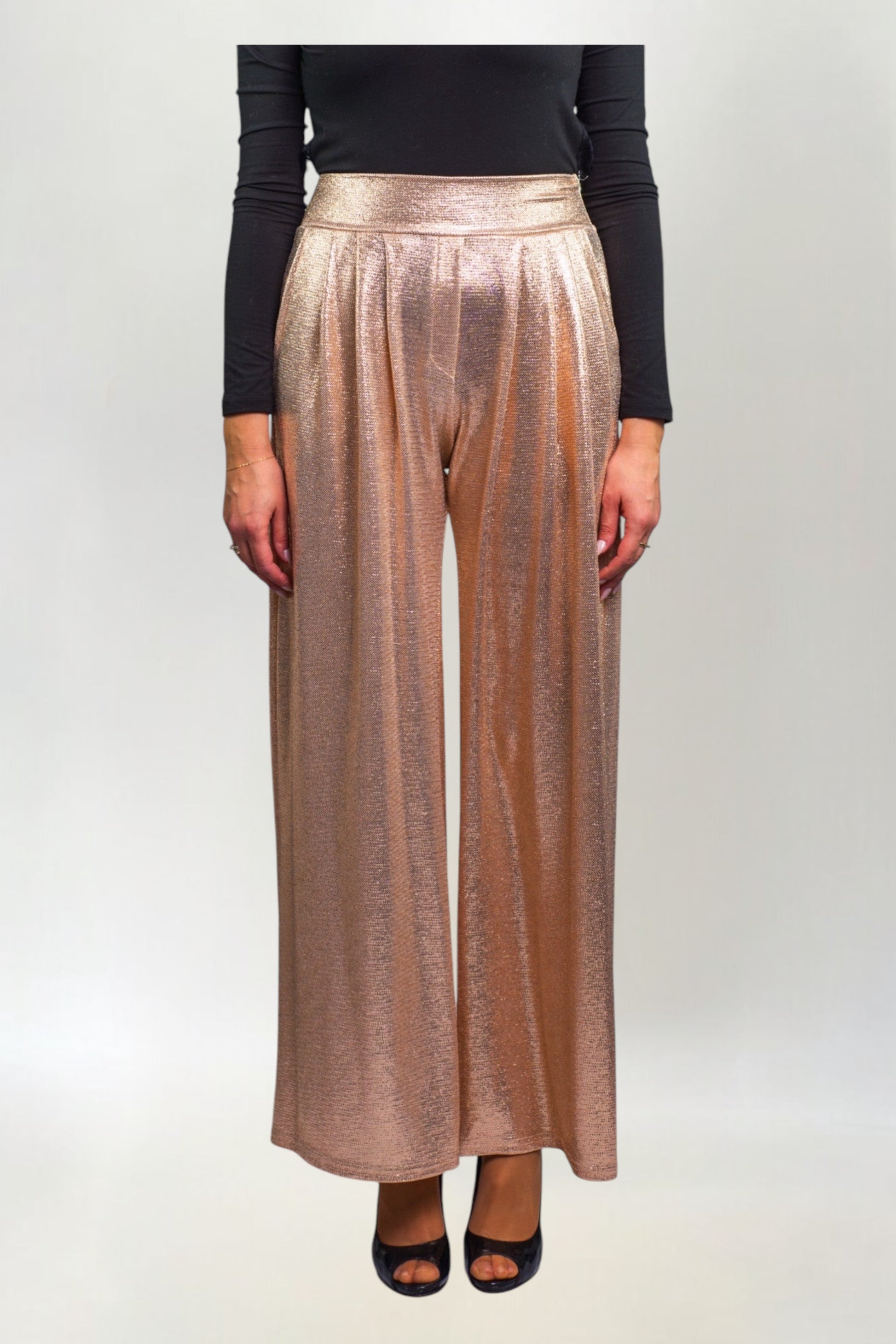 Spodnie Metalizowane Proste w Stylu Disco Złote