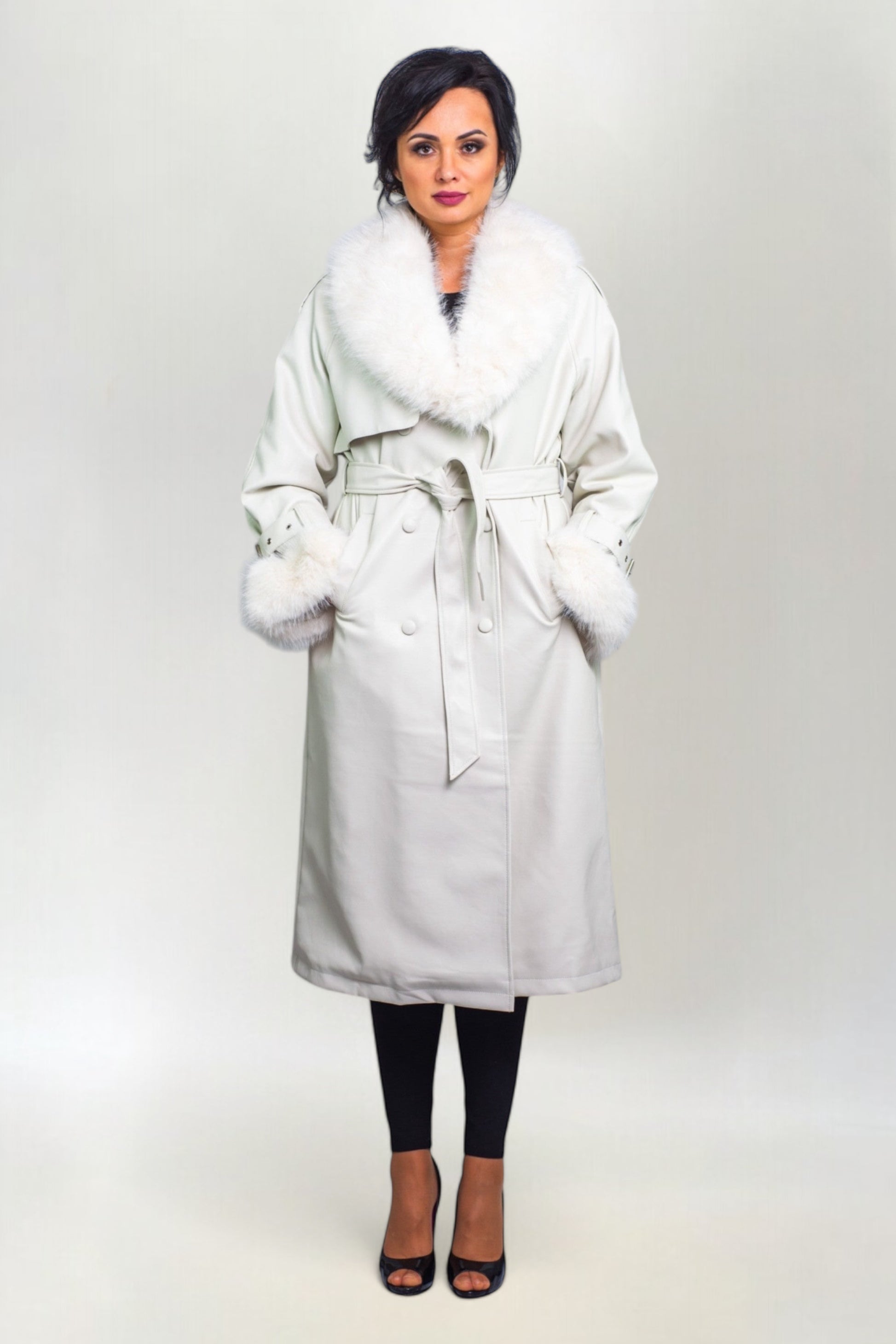 Płaszcz Skórzany z Futrem Biały