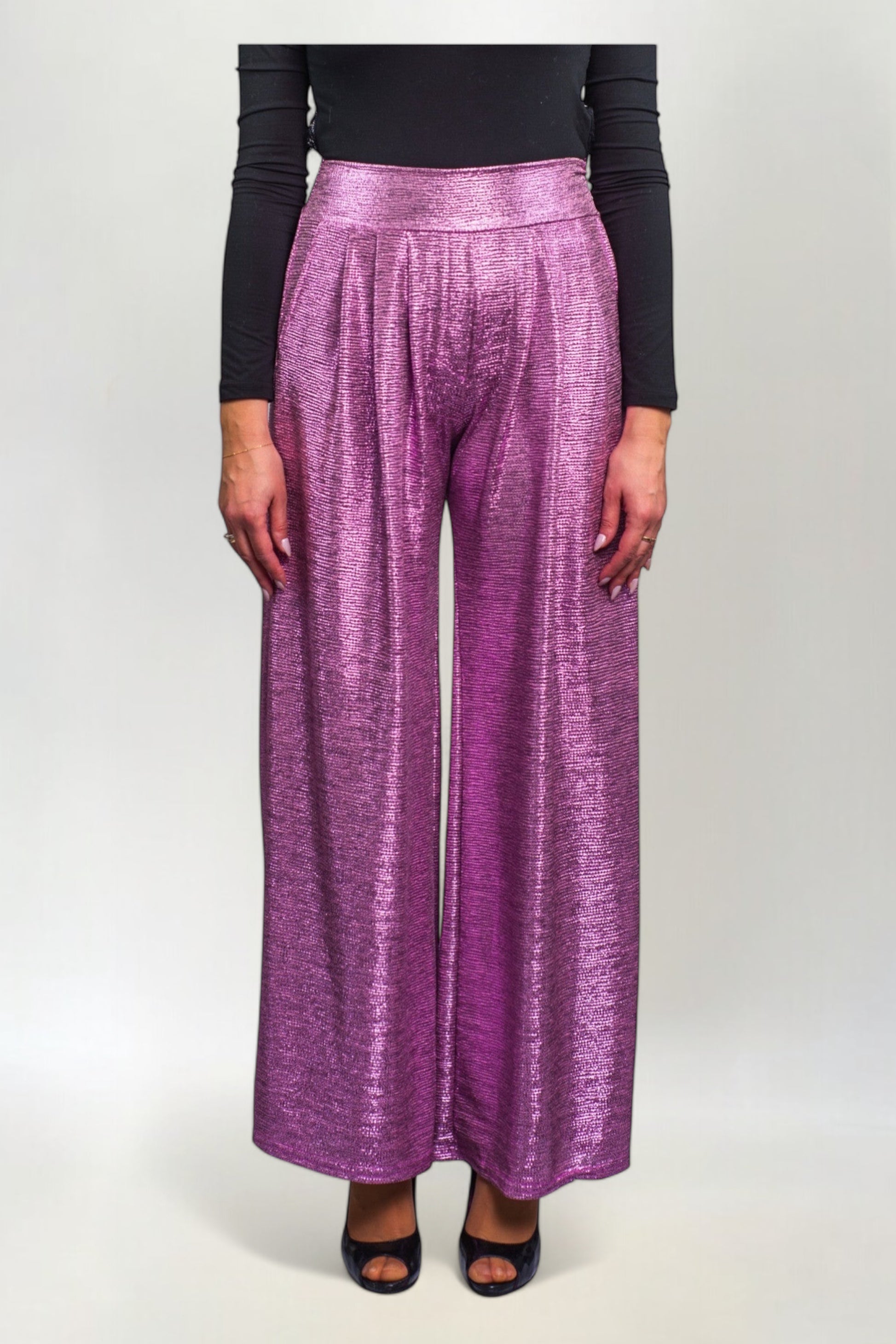 Spodnie Metalizowane Proste w Stylu Disco Różowe