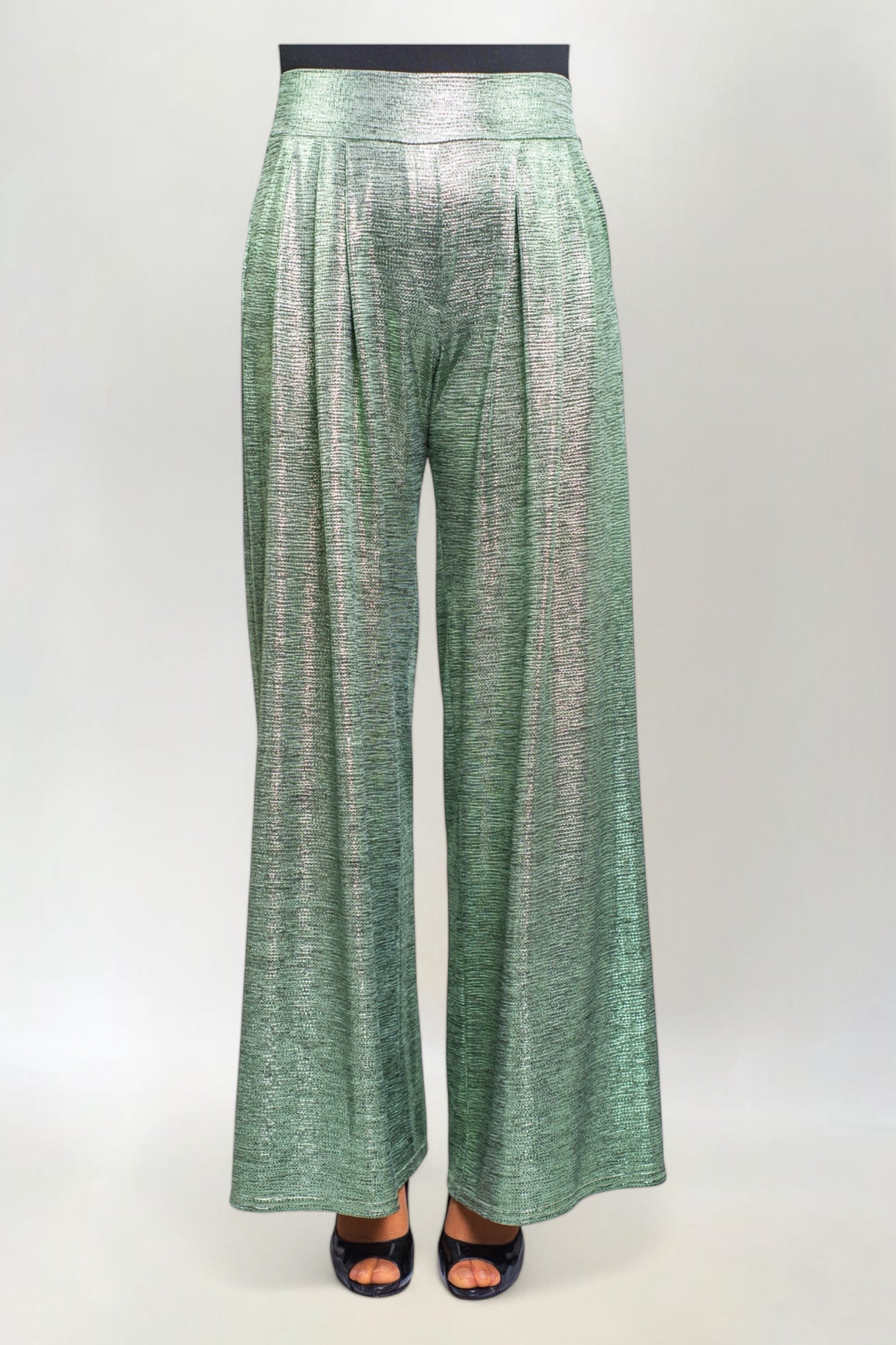 Spodnie Metalizowane Proste w Stylu Disco Zielone