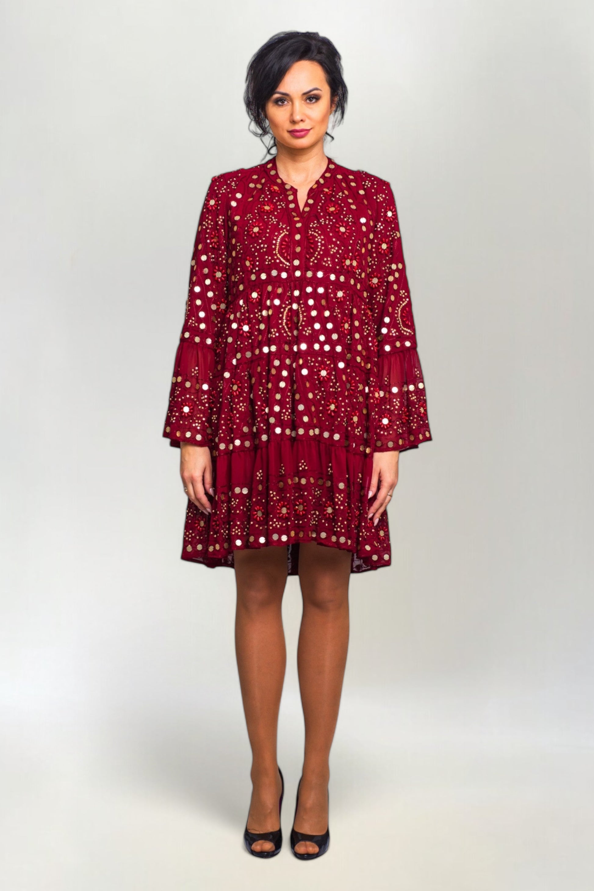 Sukienka Hand Made z Koralikami i Cekinami Annu Short Bordowa