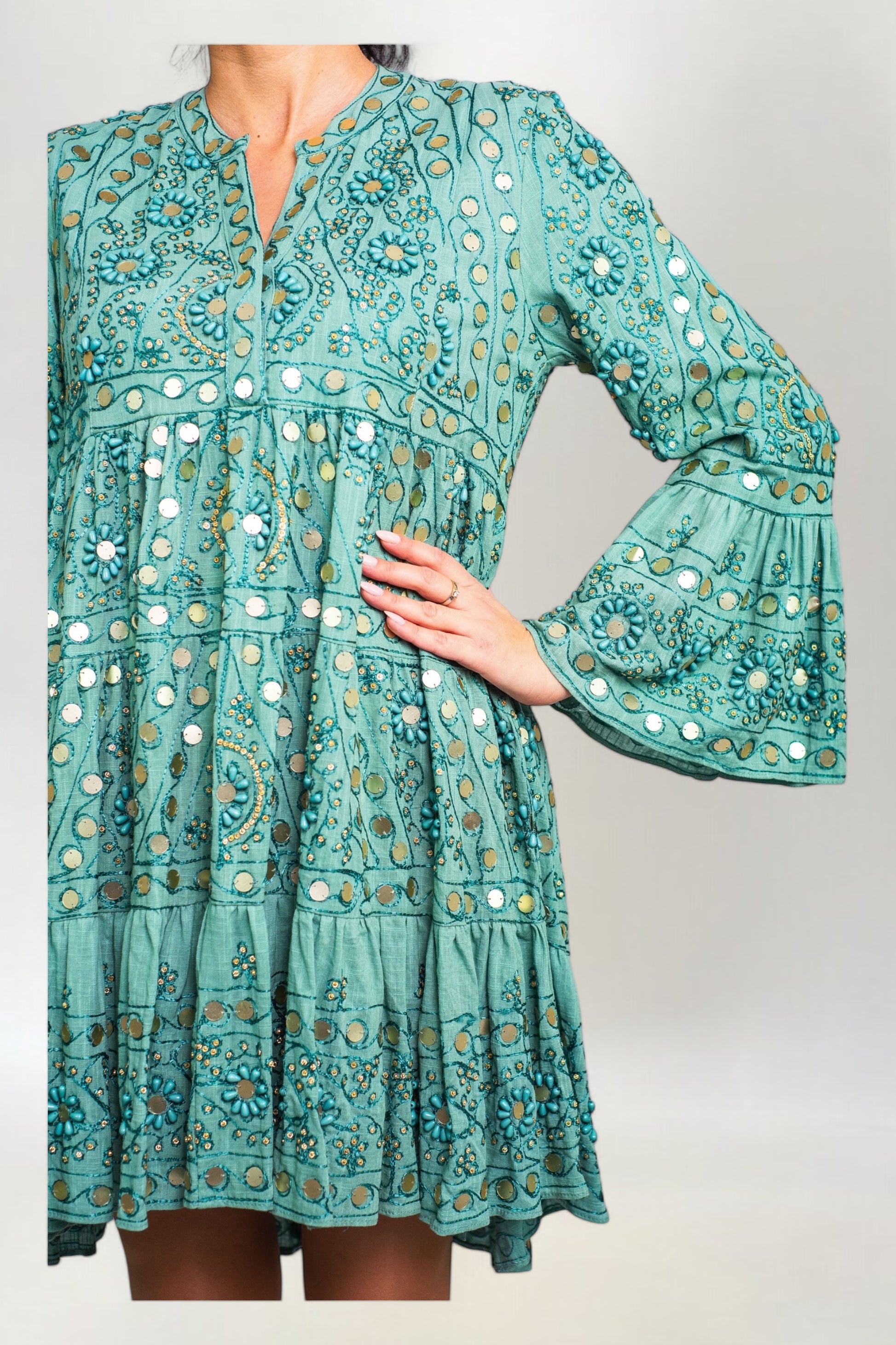 Sukienka Hand Made z Koralikami i Cekinami Nuria Short Turkusowa