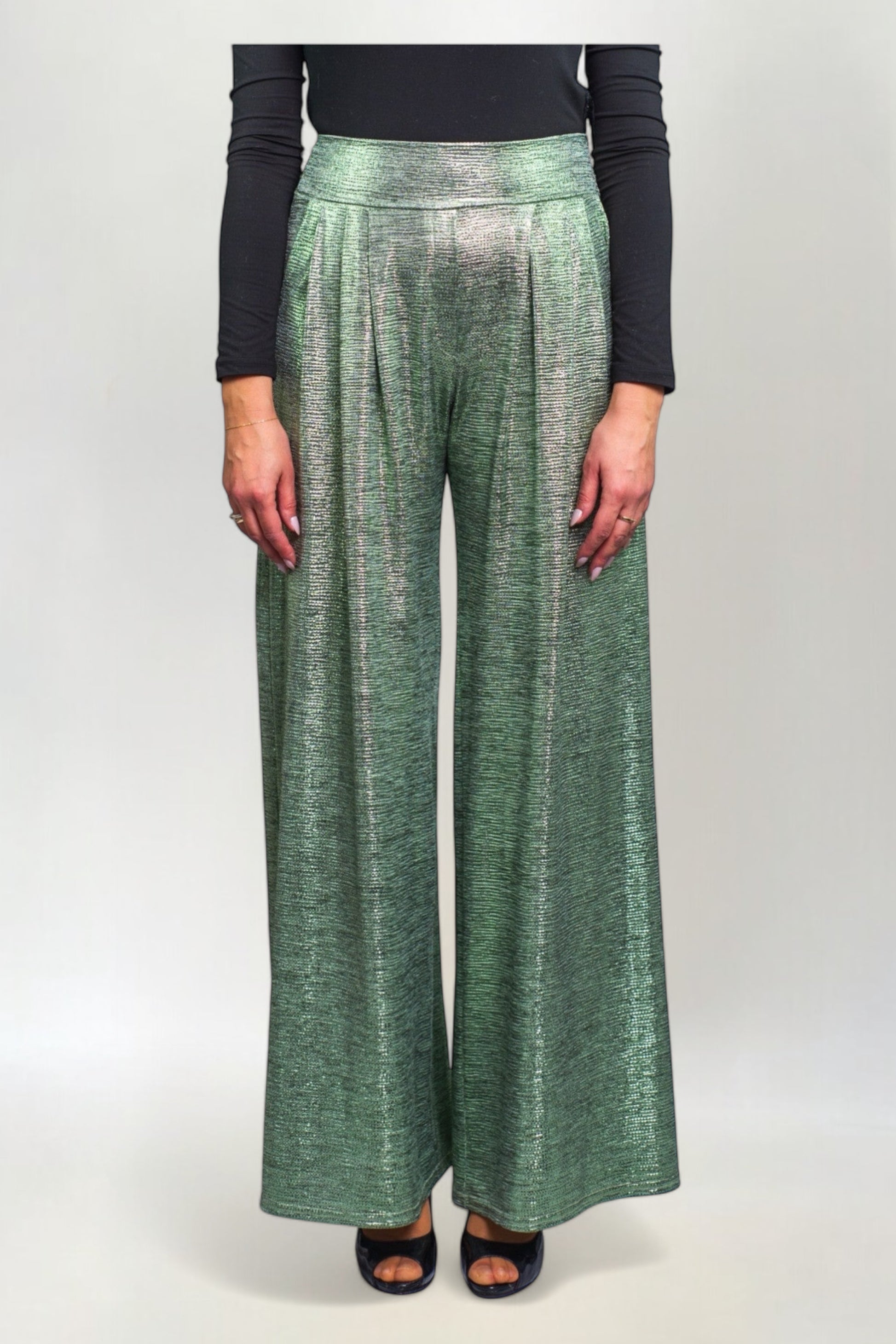 Spodnie Metalizowane Proste w Stylu Disco Zielone