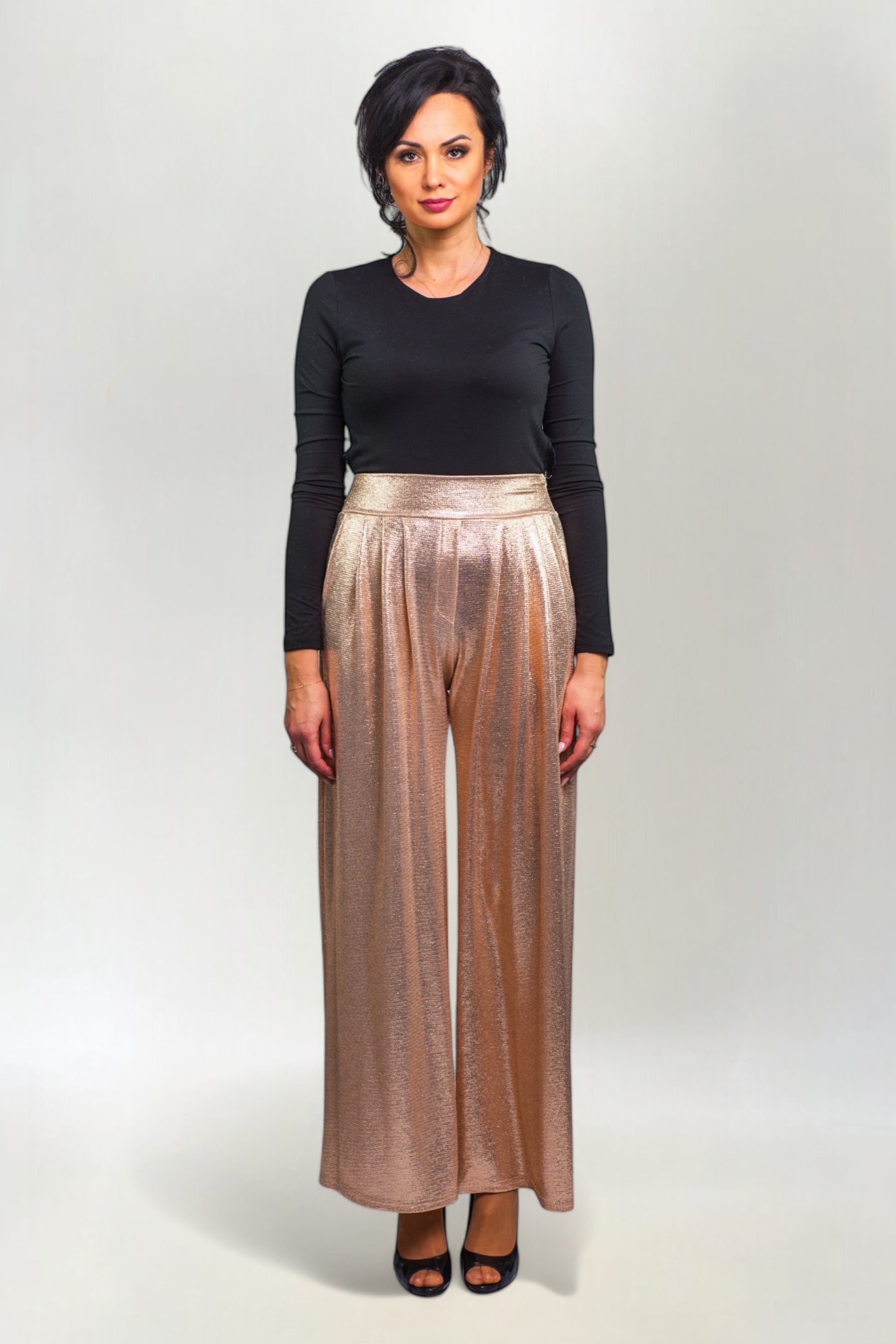 Spodnie Metalizowane Proste w Stylu Disco Złote