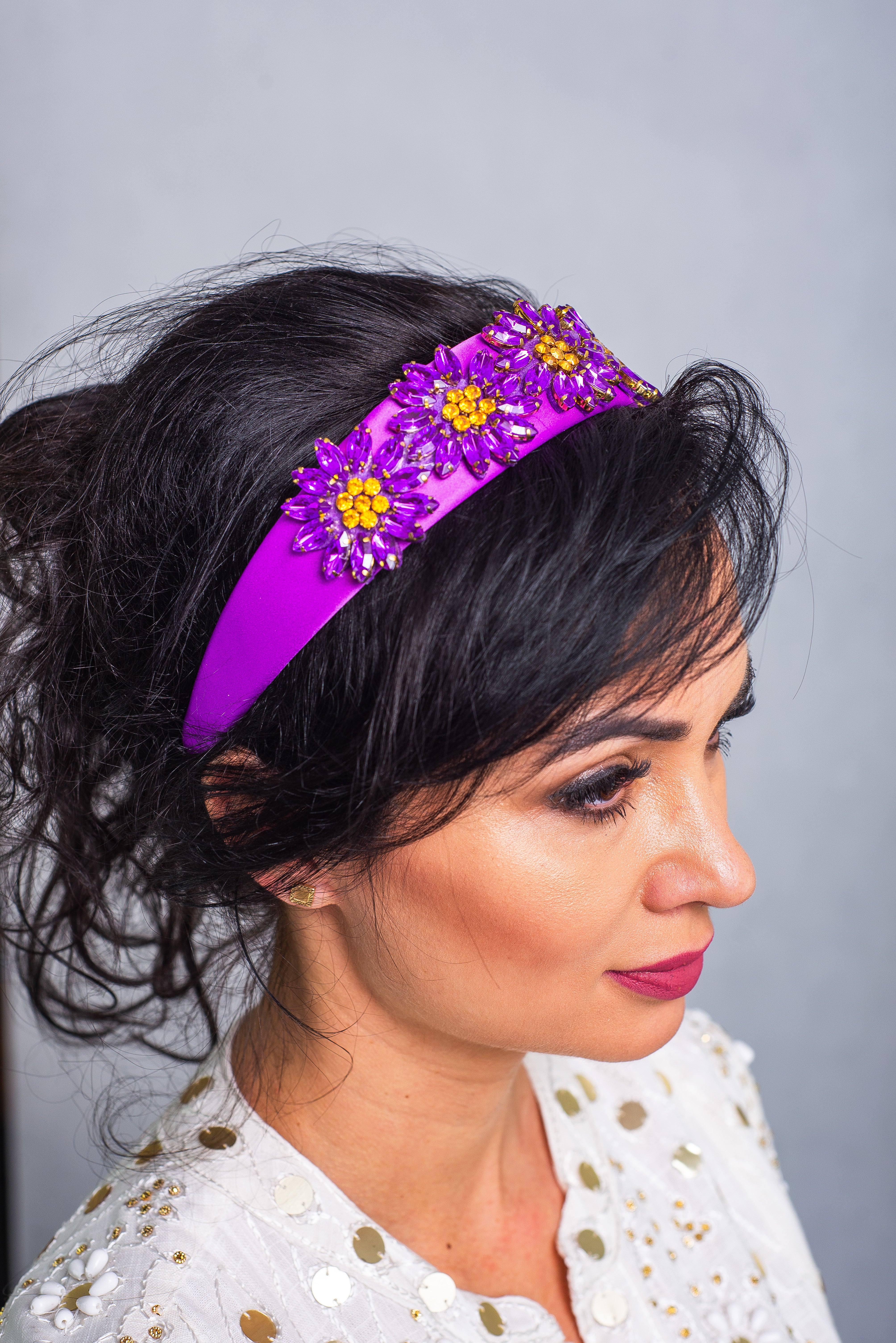 Opaska do Włosów z Kryształkami Szeroka Ciemny Fiolet