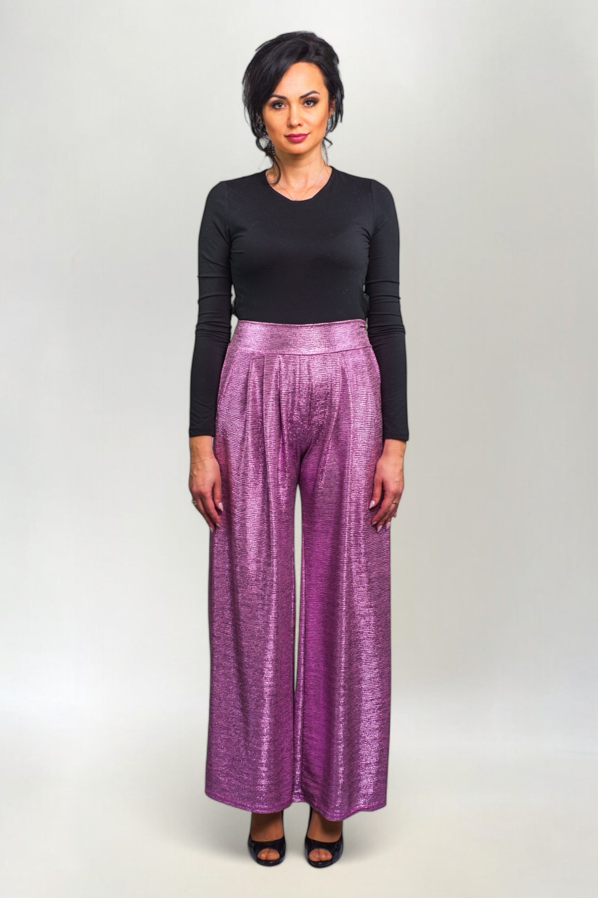 Spodnie Metalizowane Proste w Stylu Disco Różowe