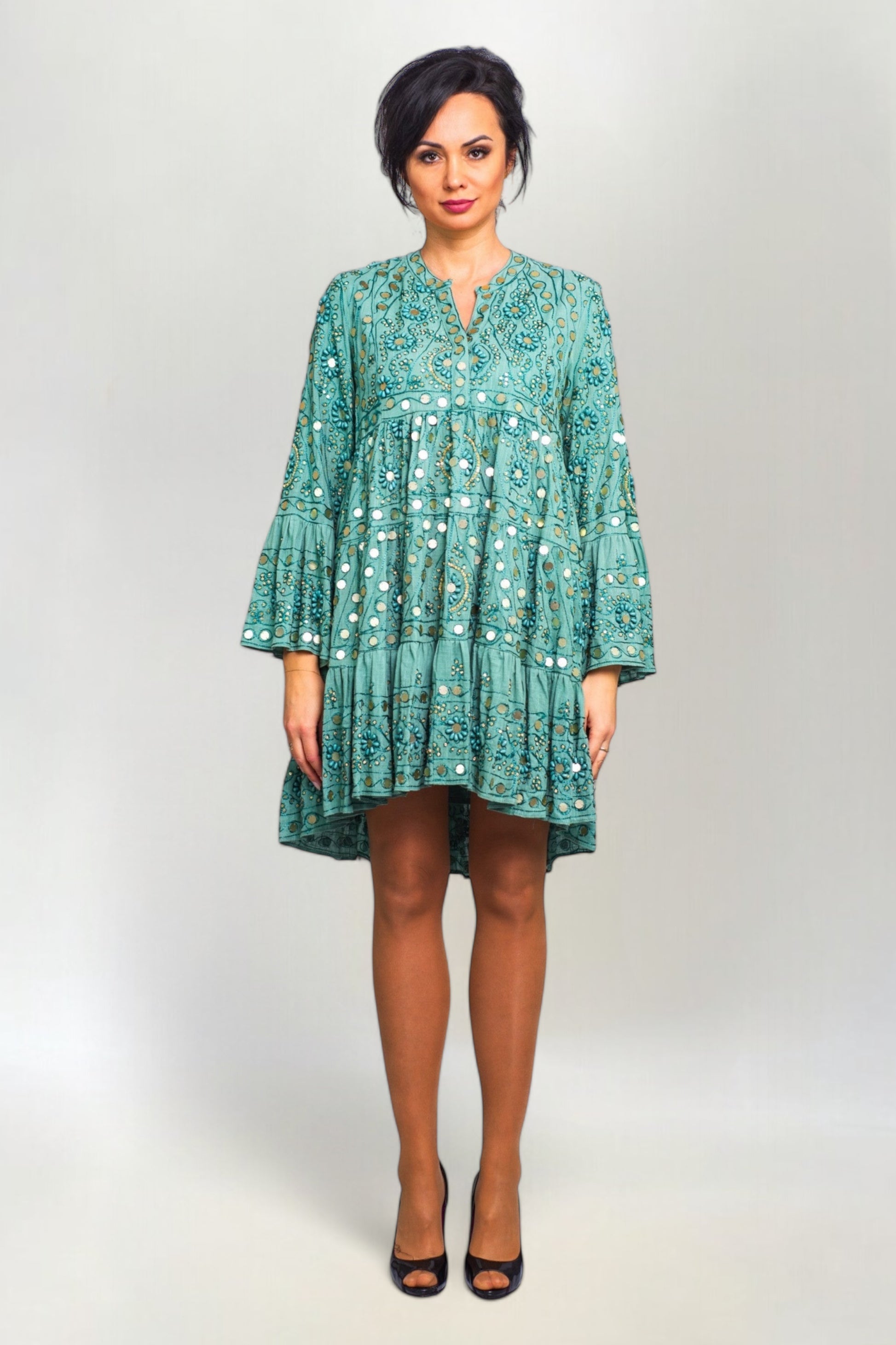 Sukienka Hand Made z Koralikami i Cekinami Nuria Short Turkusowa