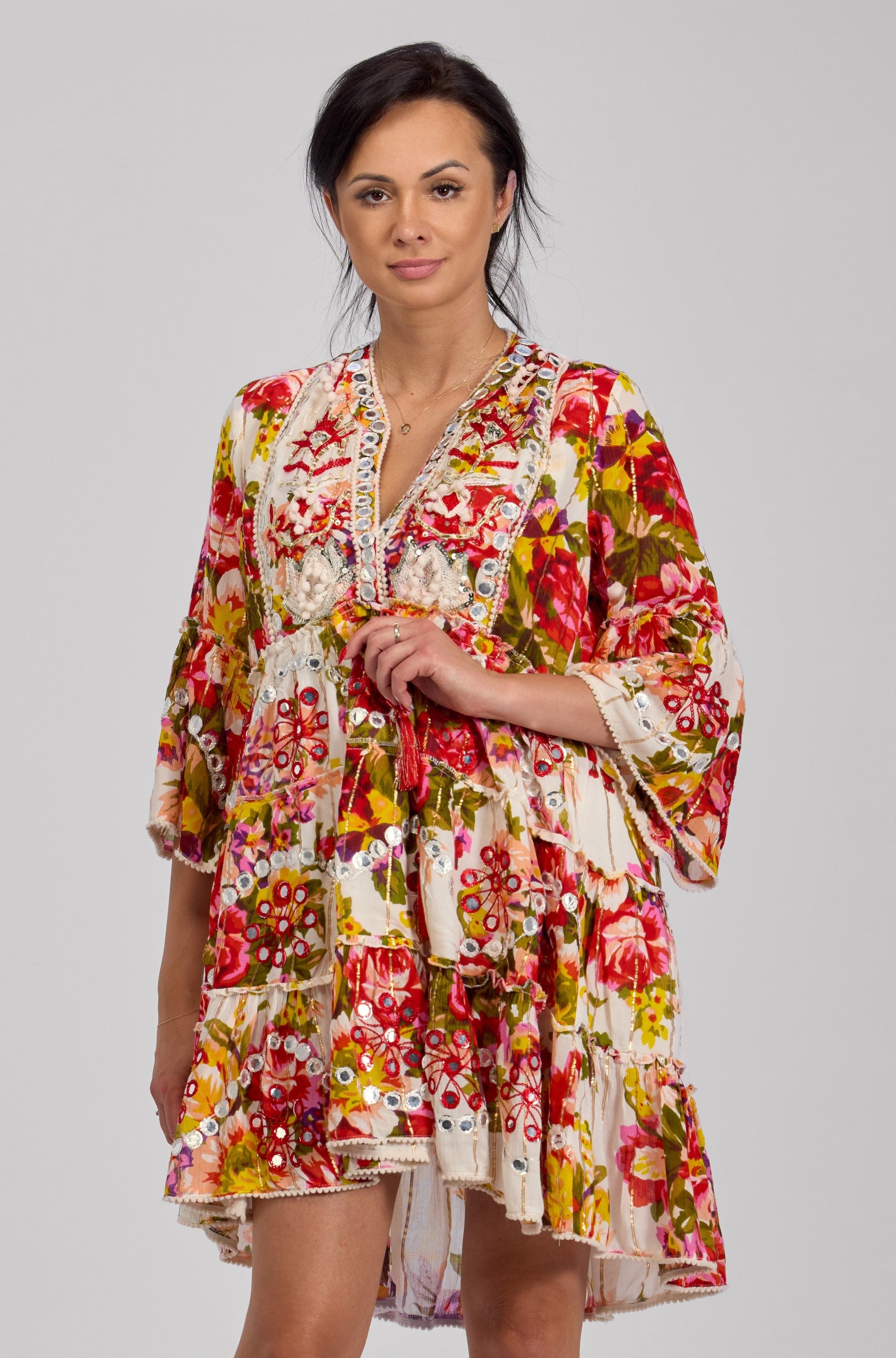 Sukienka Boho Hand Made Zdobiona Cekinami Biała