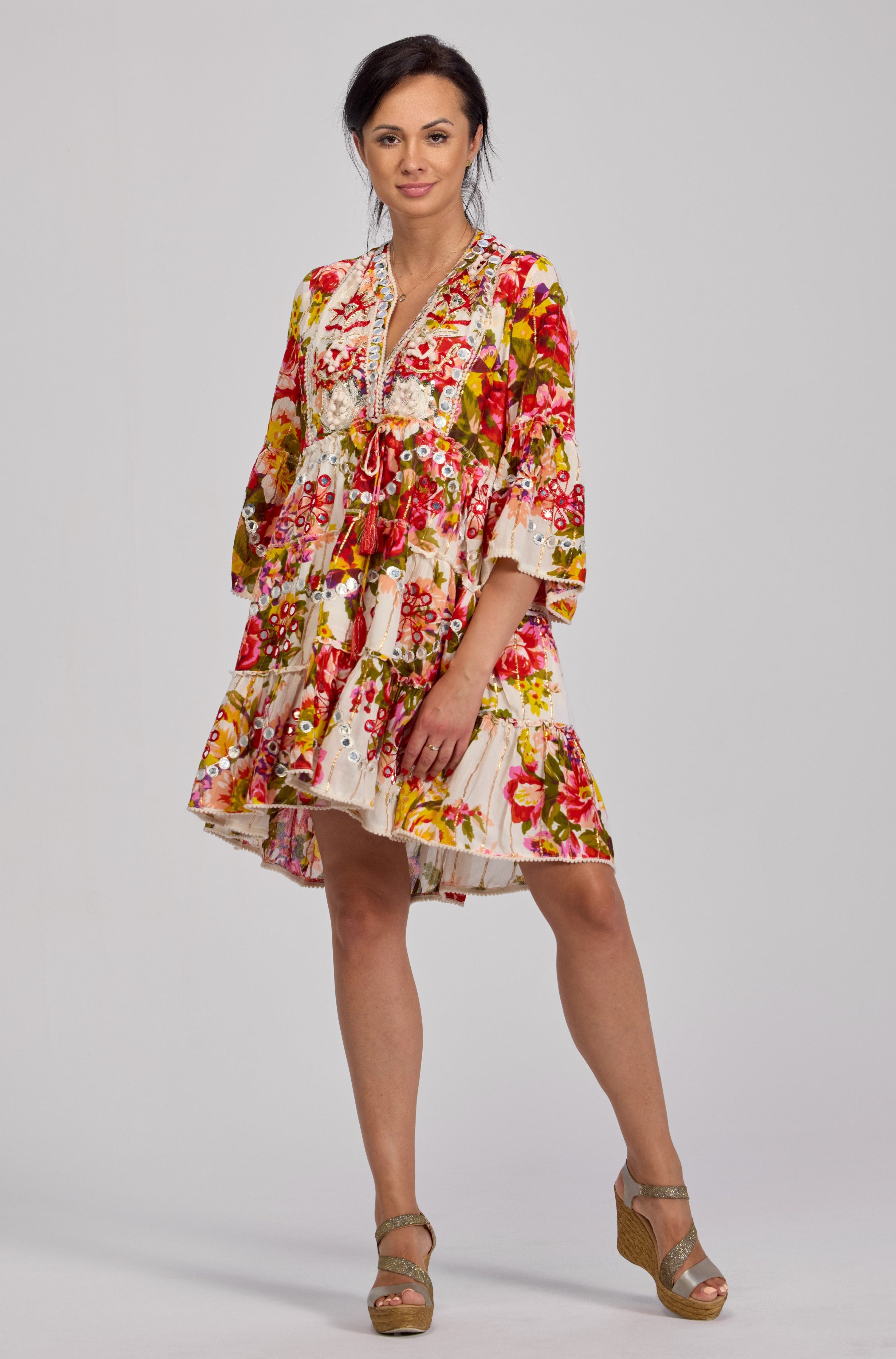 Sukienka Boho Hand Made Zdobiona Cekinami Biała