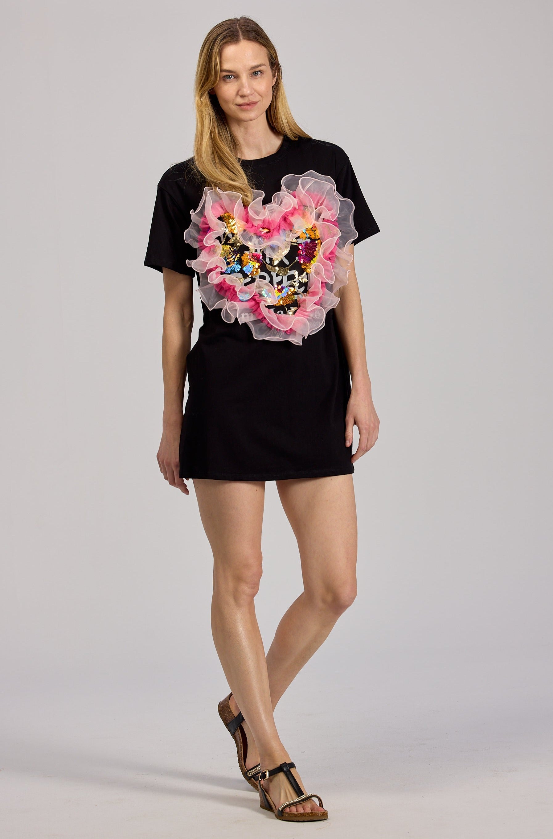 Sukienka T-shirtowa z Tiulowym Sercem i Cekinami Czarna