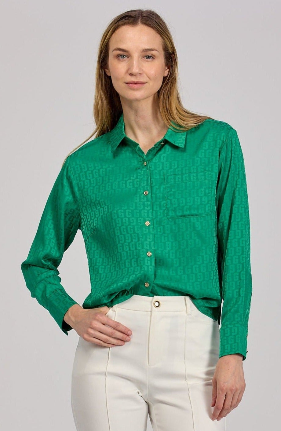 Koszula z Połyskiem ze Złotymi Guzikami Zielona