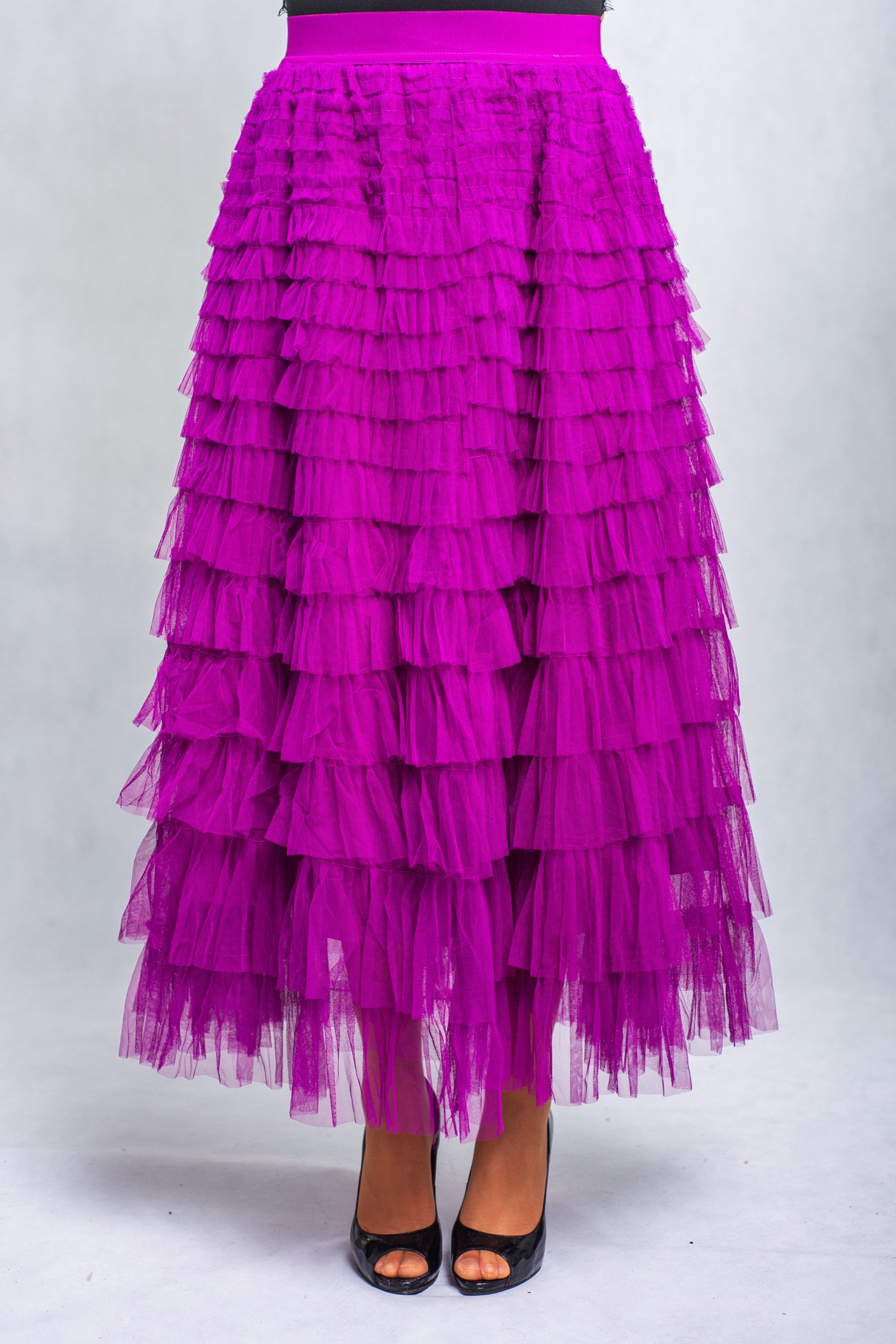 Spódnica Tiulowa Warstwowa z Falbankami Maxi Magenta