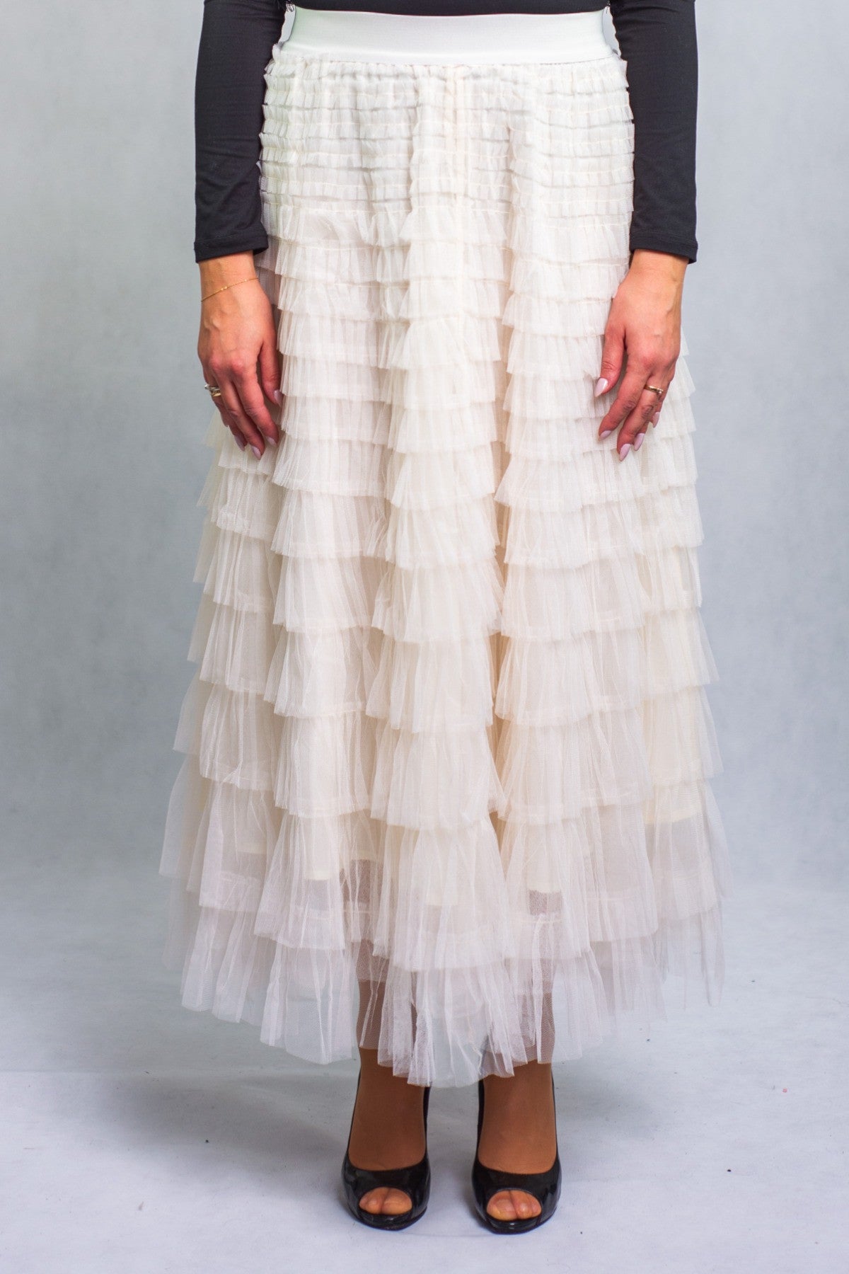 Spódnica Tiulowa Warstwowa z Falbankami Maxi Ecru