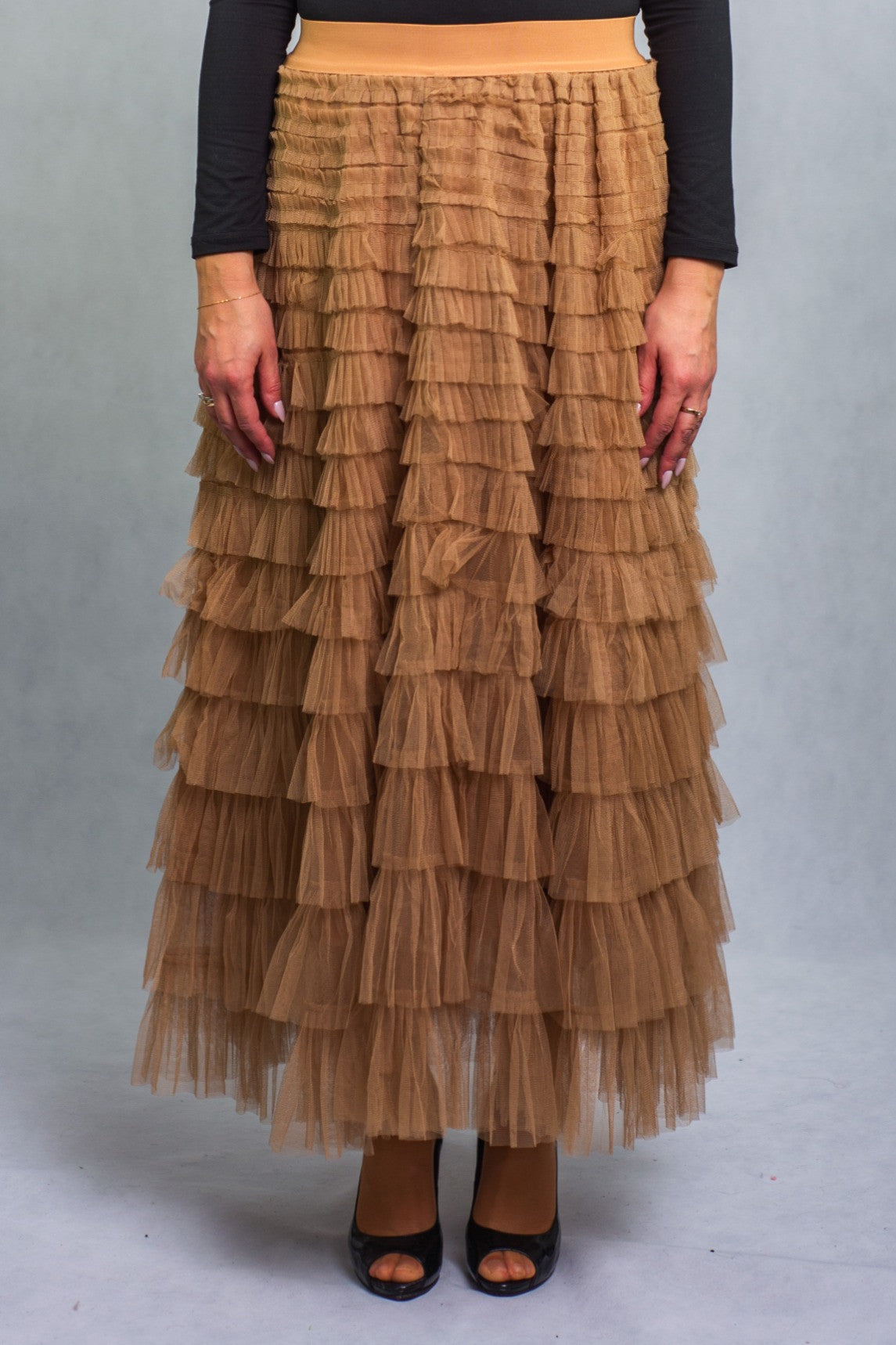 Spódnica Tiulowa Warstwowa z Falbankami Maxi Latte