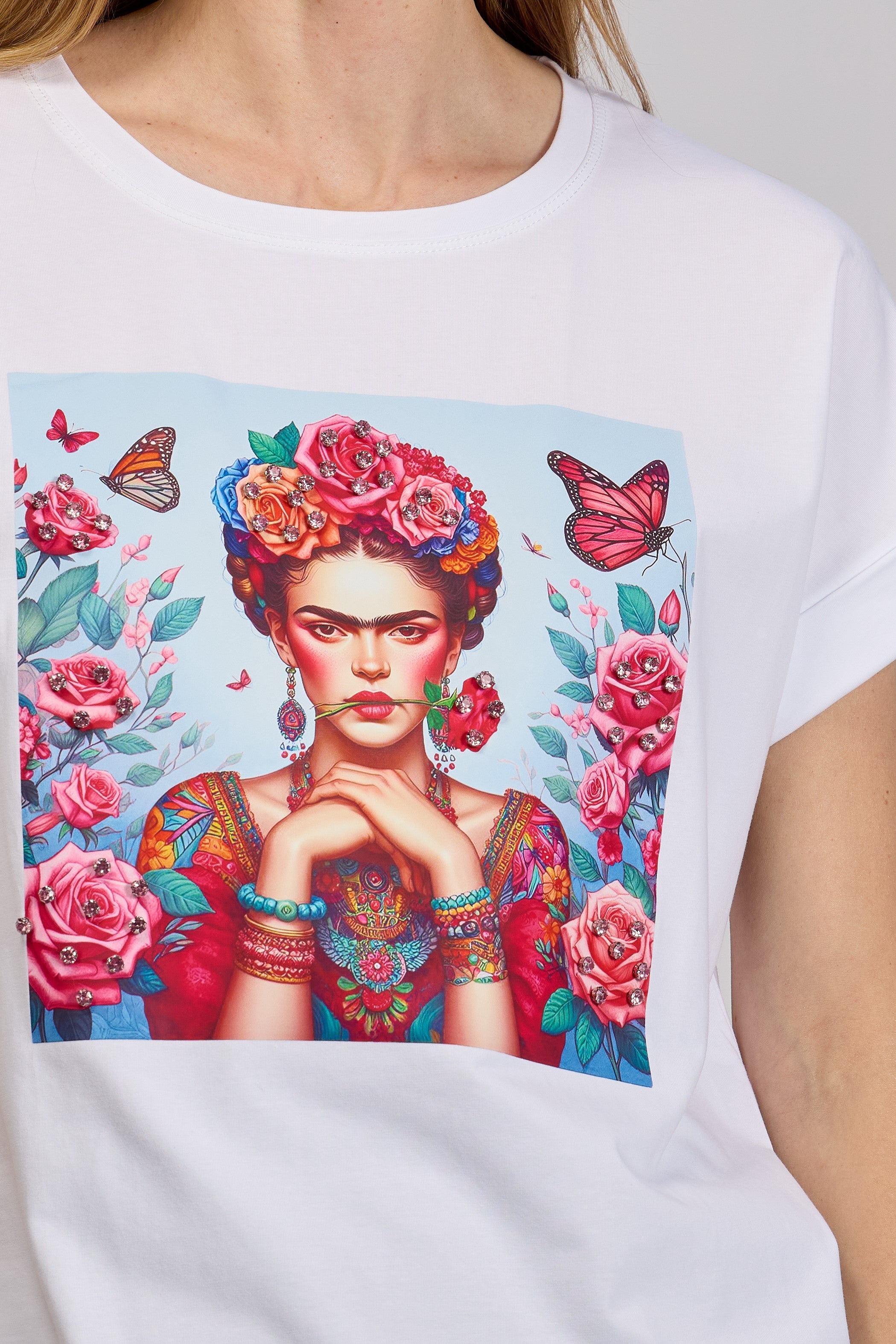 T-shirt z Krótkim Rękawem i Nadrukiem Frida z Cyrkoniami Biały