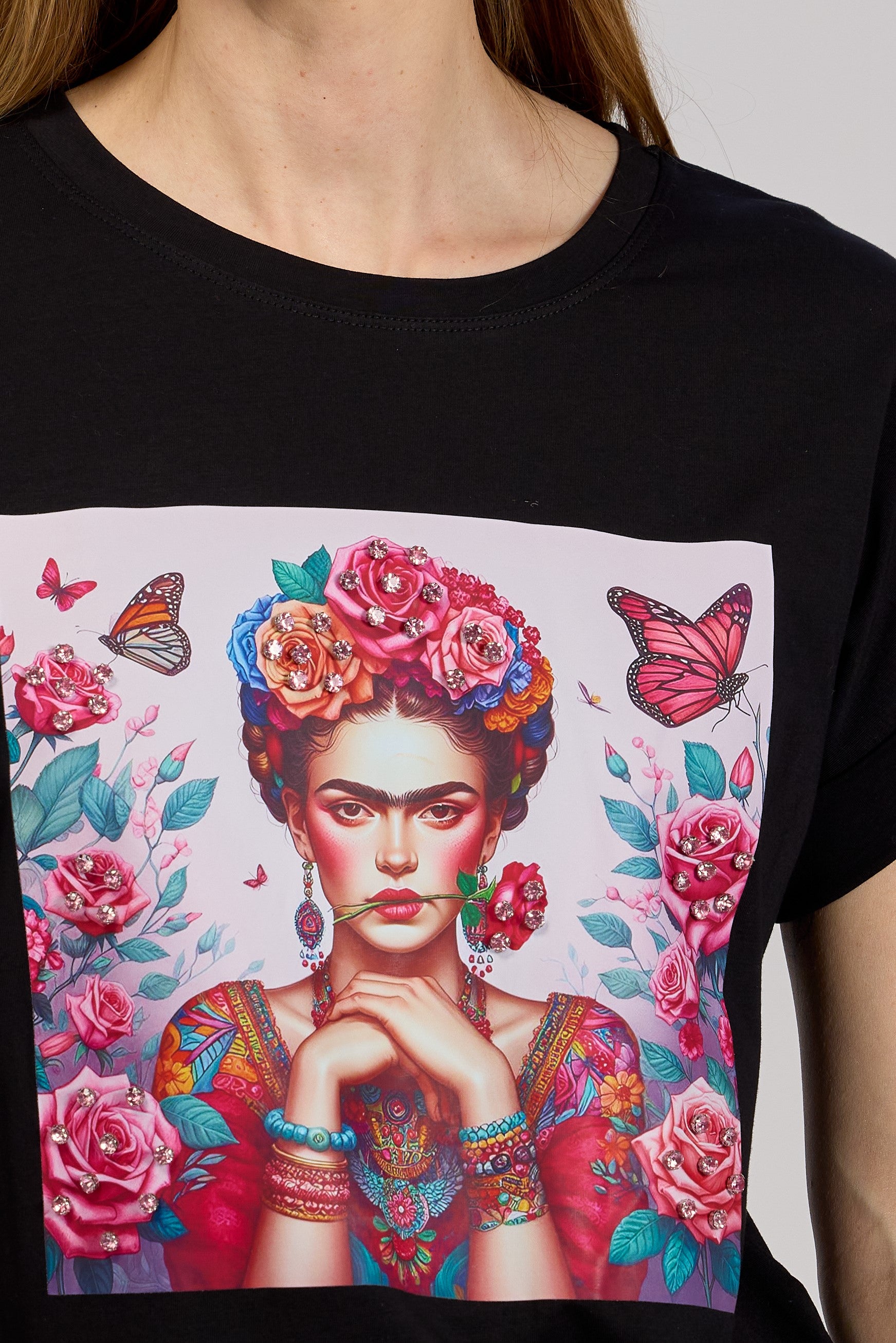 T-shirt z Krótkim Rękawem i Nadrukiem Frida z Cyrkoniami Czarny