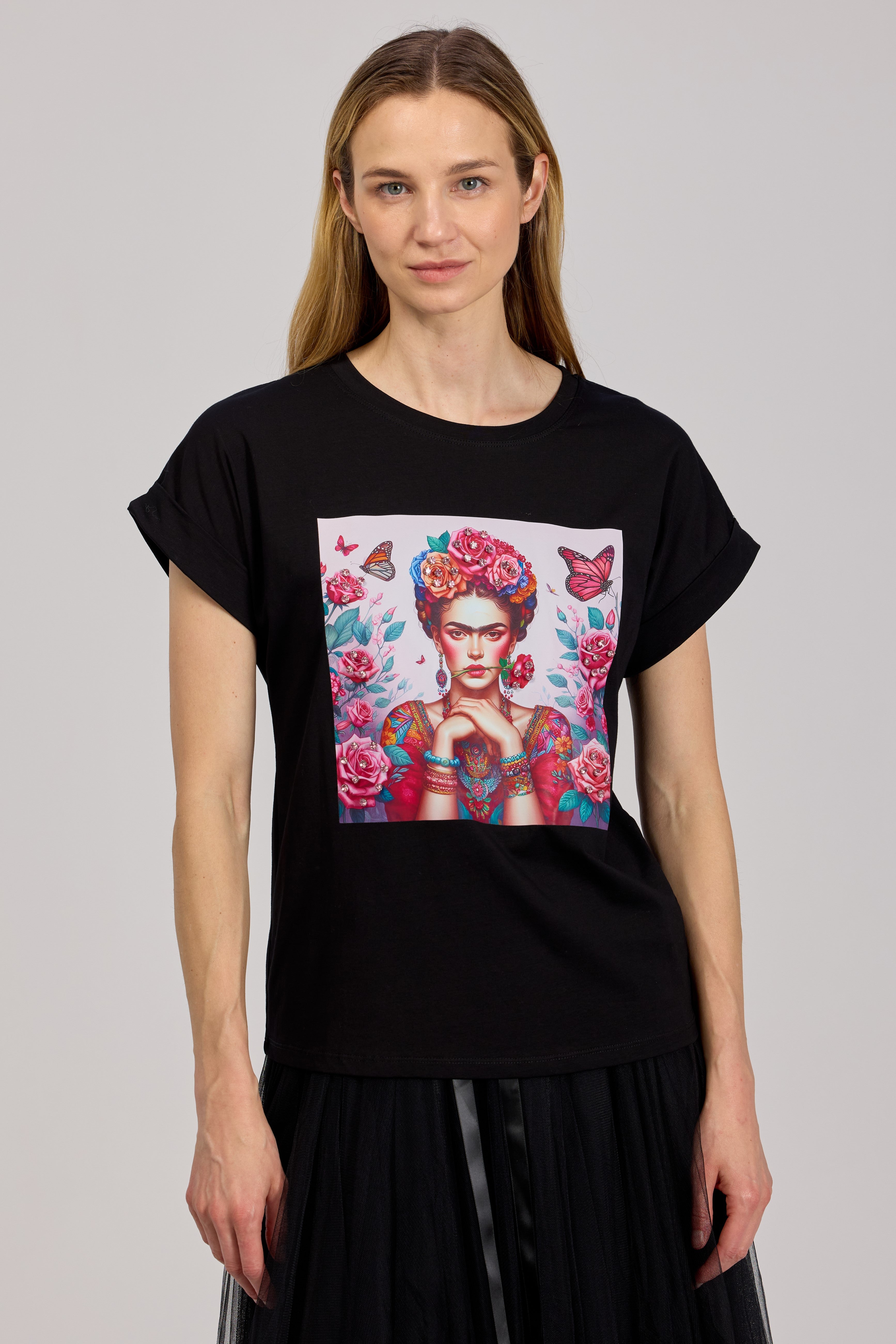 T-shirt z Krótkim Rękawem i Nadrukiem Frida z Cyrkoniami Czarny