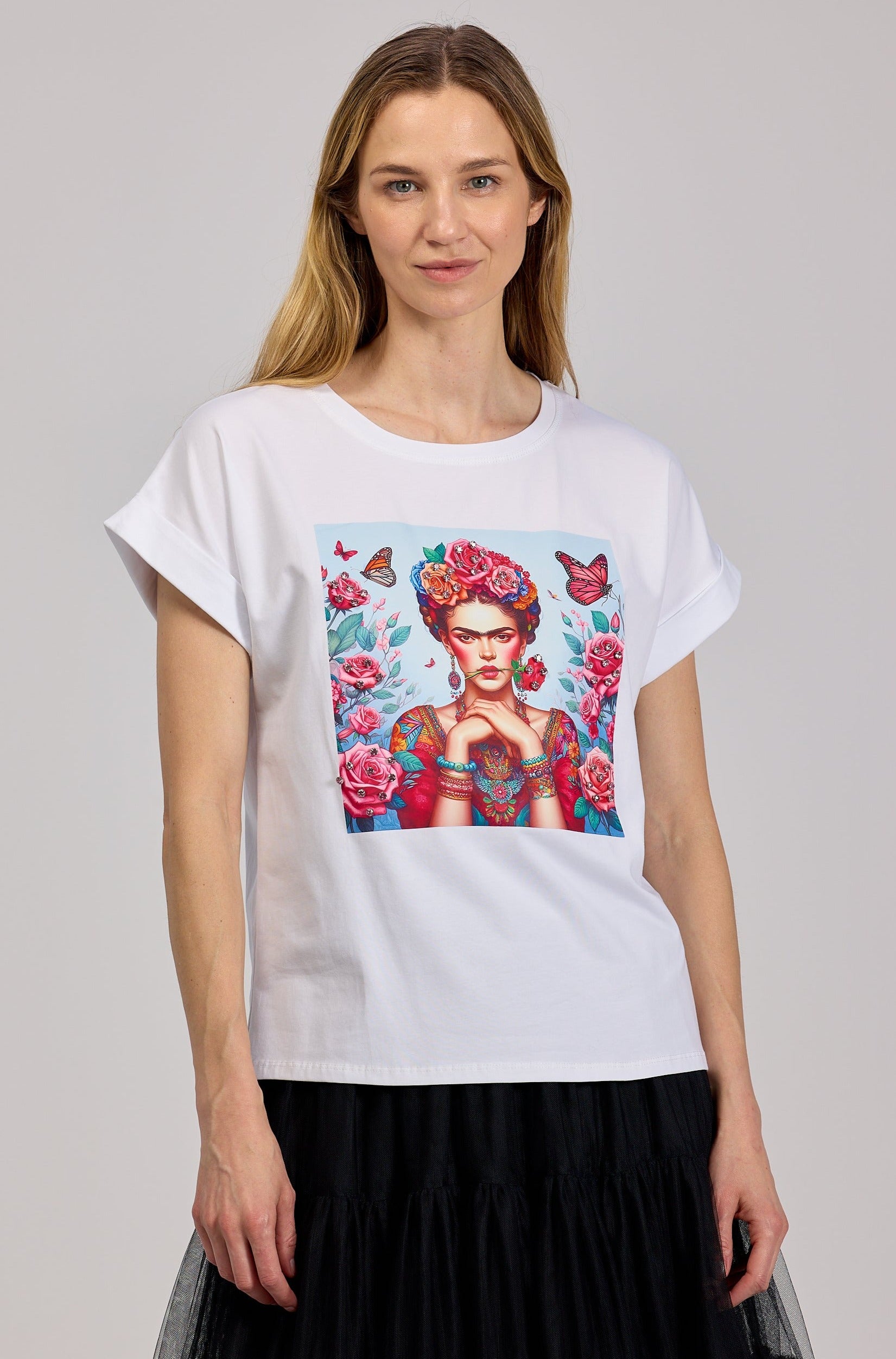 T-shirt z Krótkim Rękawem i Nadrukiem Frida z Cyrkoniami Biały