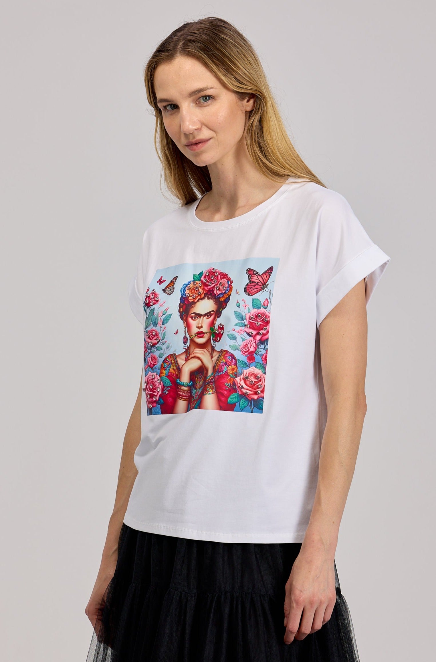 T-shirt z Krótkim Rękawem i Nadrukiem Frida z Cyrkoniami Biały