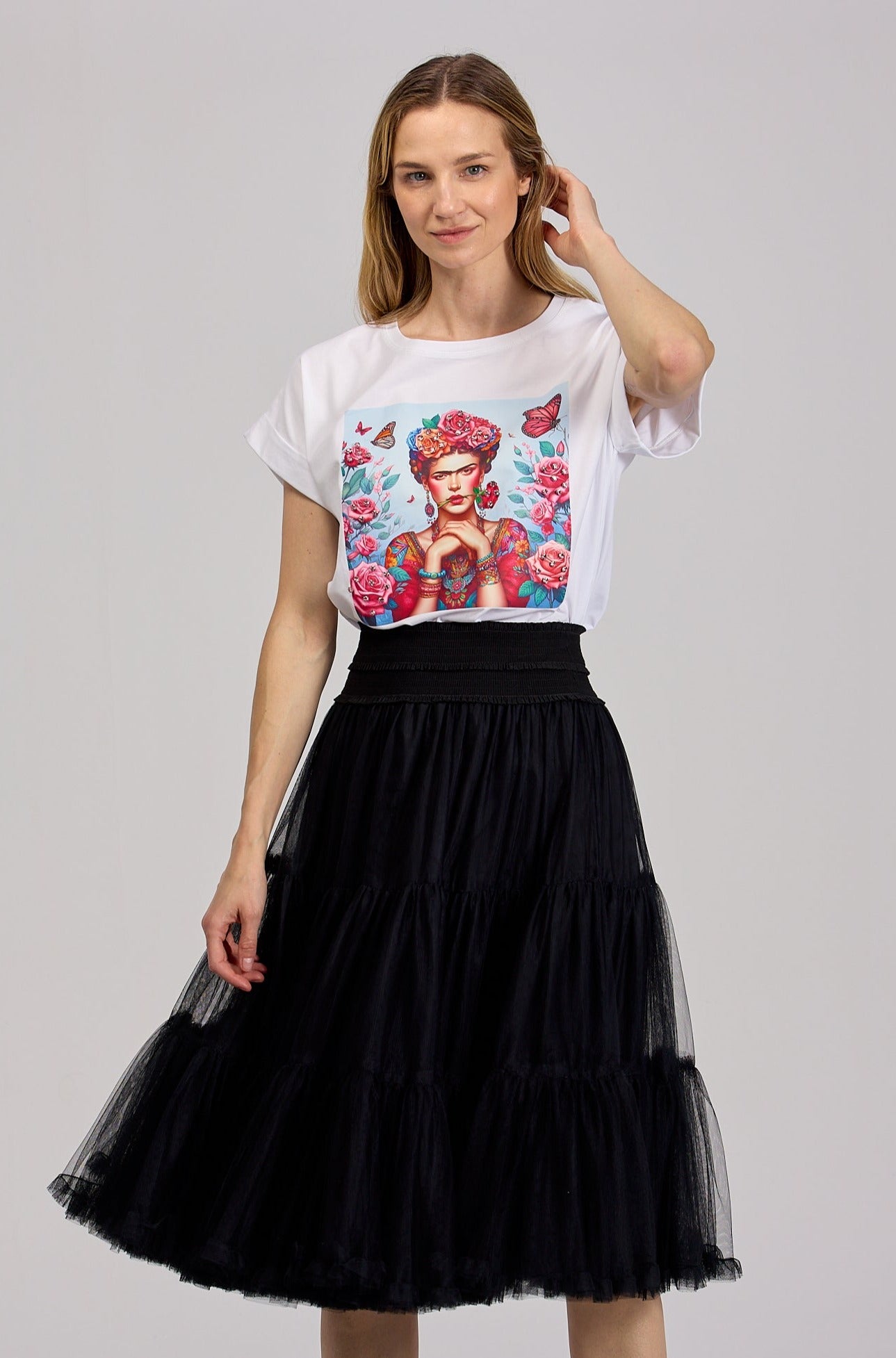 T-shirt z Krótkim Rękawem i Nadrukiem Frida z Cyrkoniami Biały