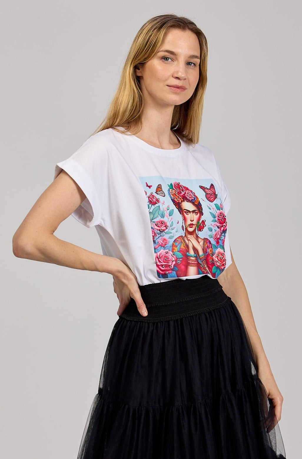 T-shirt z Krótkim Rękawem i Nadrukiem Frida z Cyrkoniami Biały